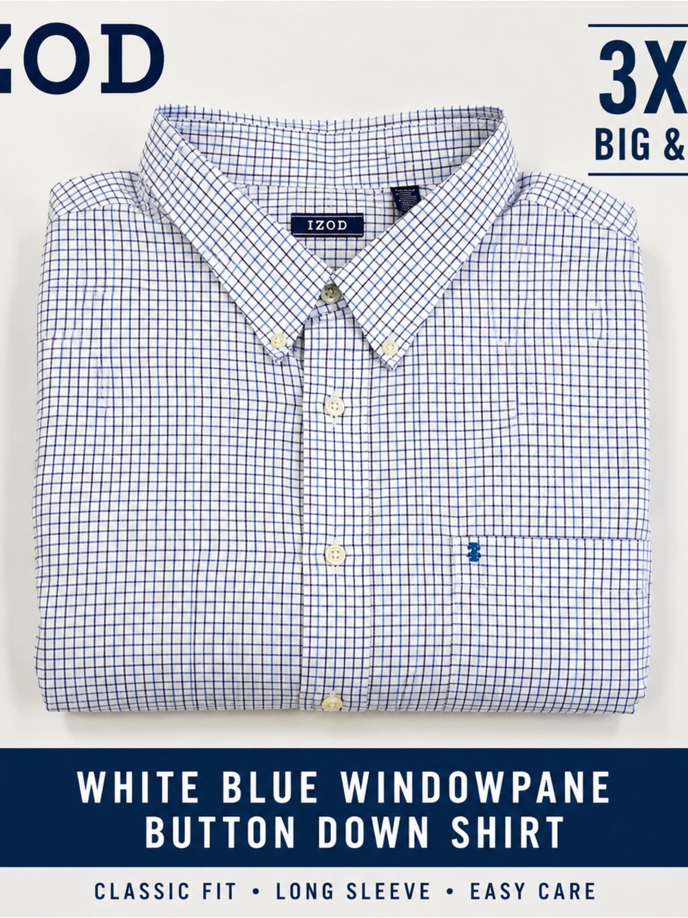 IZOD Men’s 3XLT Big & Tall White Blue Windowpane Button Down Shirt Long Sleeve